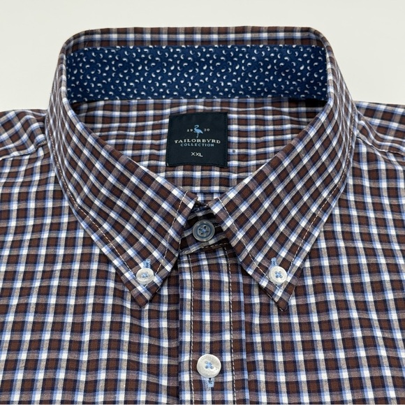Tailorbyrd Men's Navy Blue Brown Checkered Plaid Shirt Contrast Collar Cuff XXL - Picture 5 of 10